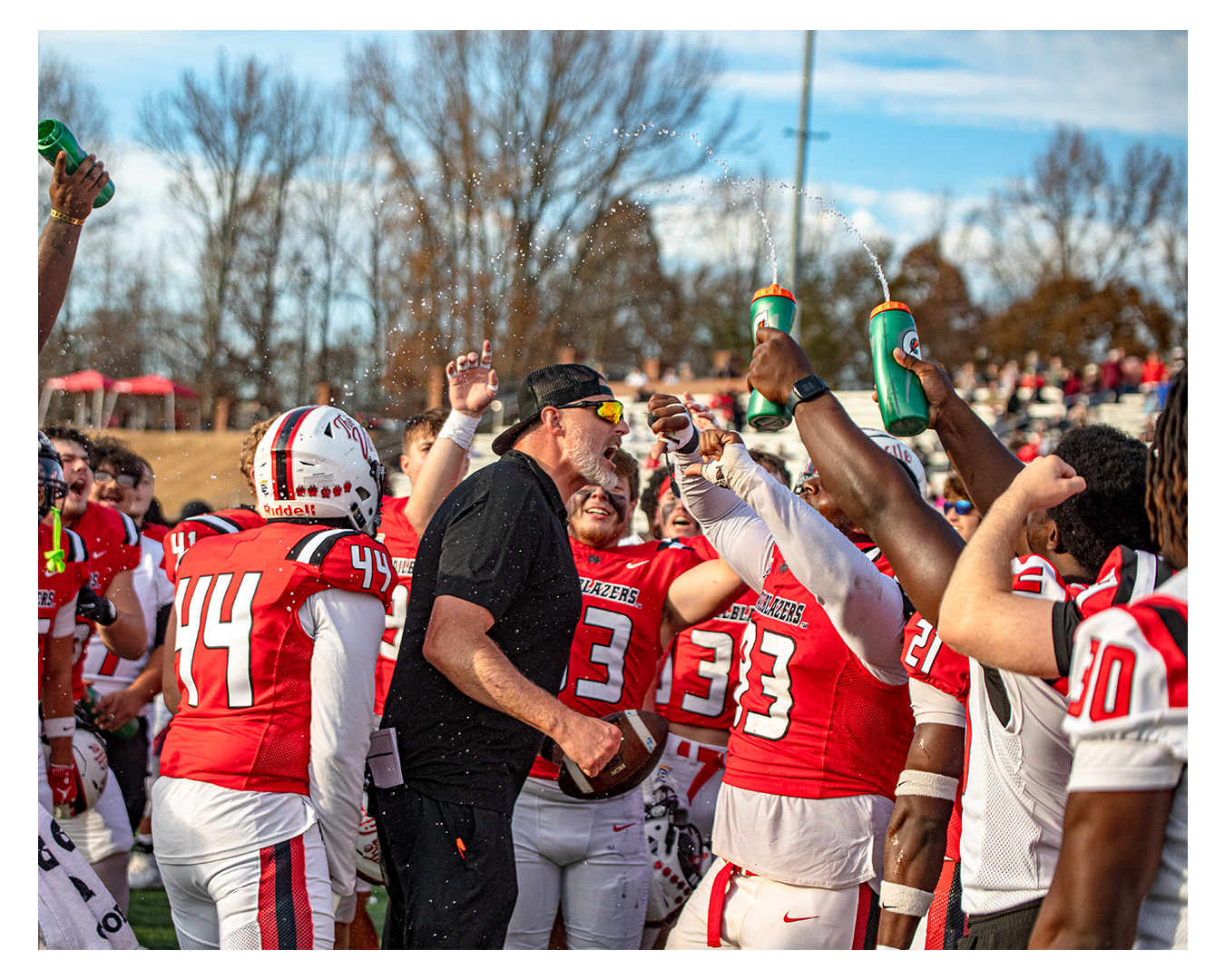 Sideline celebration after NGU conference win